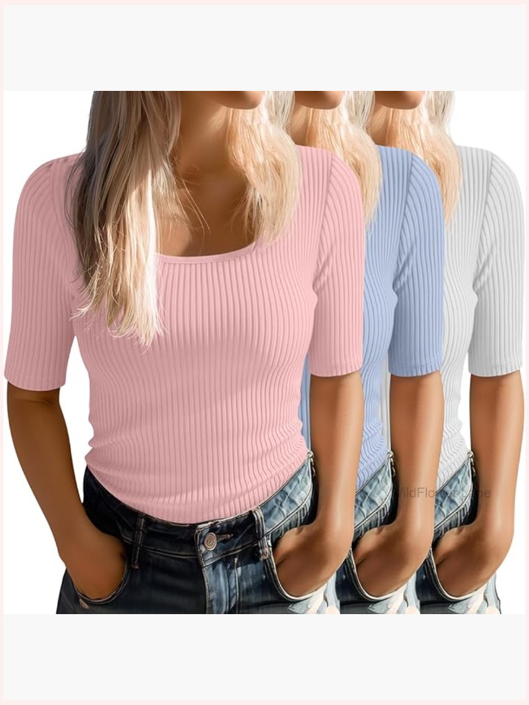 3 Pack Ribbed Half Sleeve Tees Scoop Neck Slim Fit Blouses